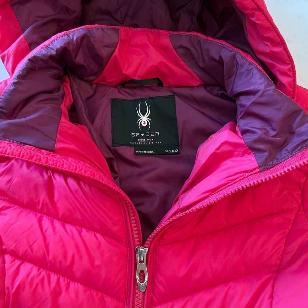 Spyder Girls Pink Puffer Jacket Size 10/12 Hooded Winter Ski Coat - Picture 2 of 5
